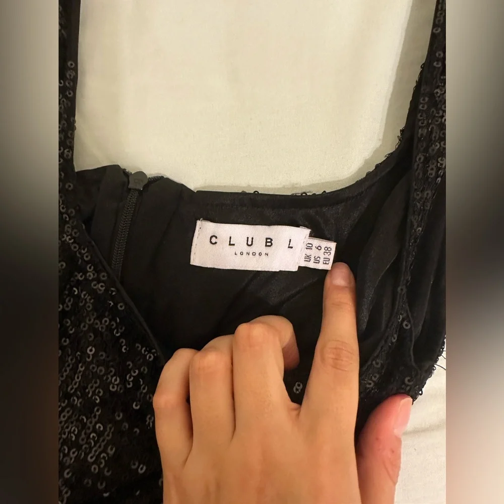 HIGH LIFE 
BLACK SEQUIN SQUARE NECK SPLIT FRONT MAXI DRESS from Club Llondon - Picture 2 of 5